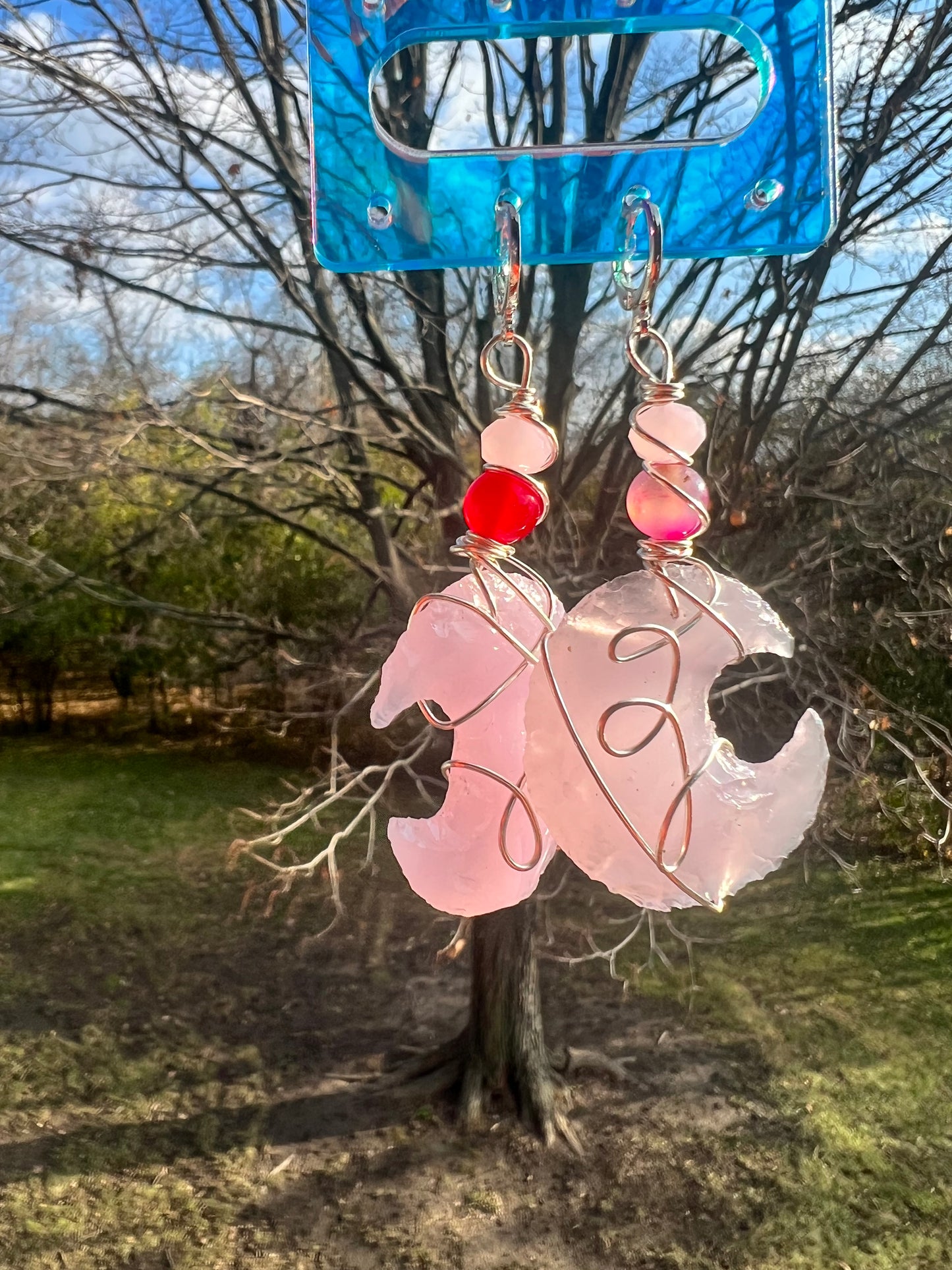 Pink Agate Rose Quartz Moon Dangles