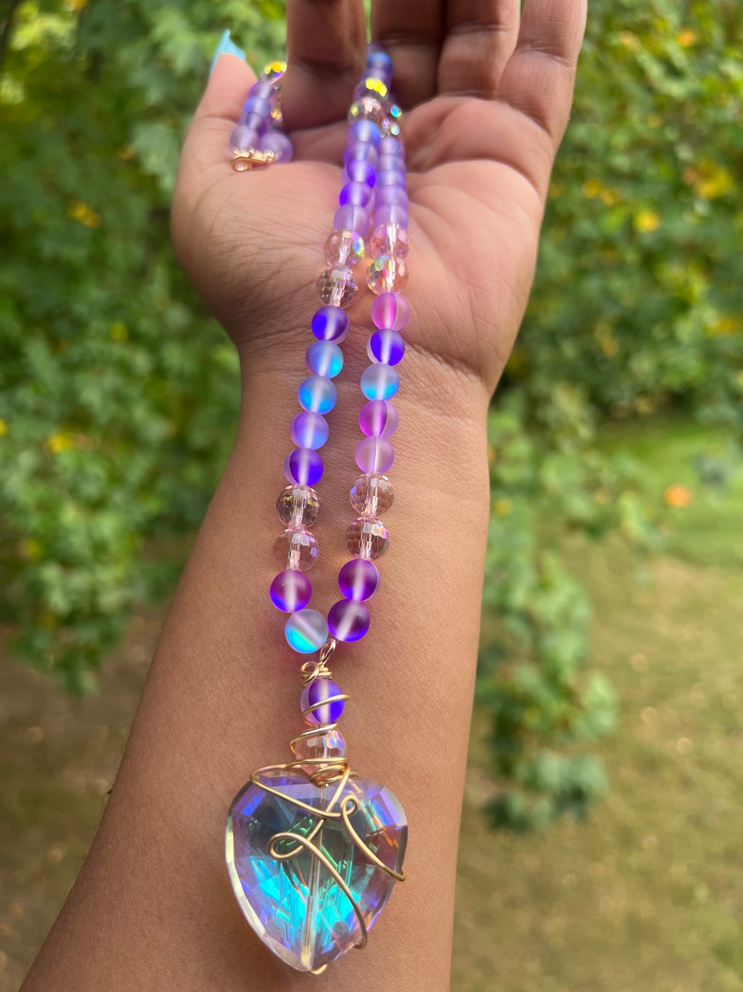 Purple Iridescence Crystal Heart Necklace