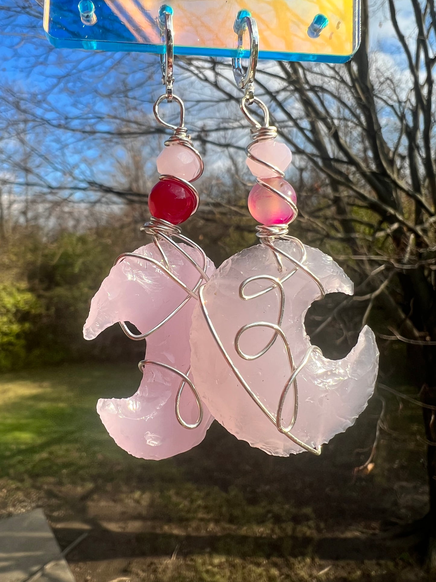 Pink Agate Rose Quartz Moon Dangles