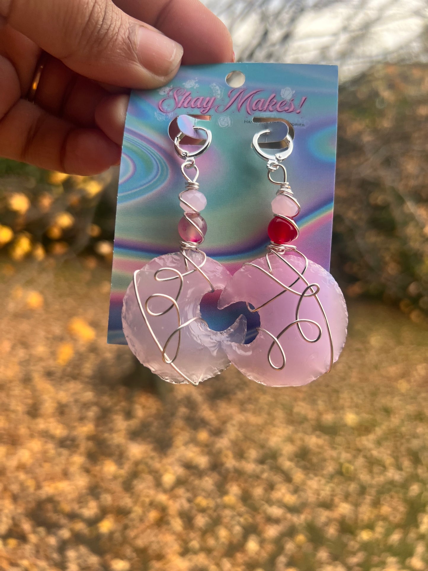 Pink Agate Rose Quartz Moon Dangles