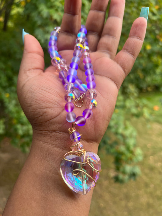 Purple Iridescence Crystal Heart Necklace