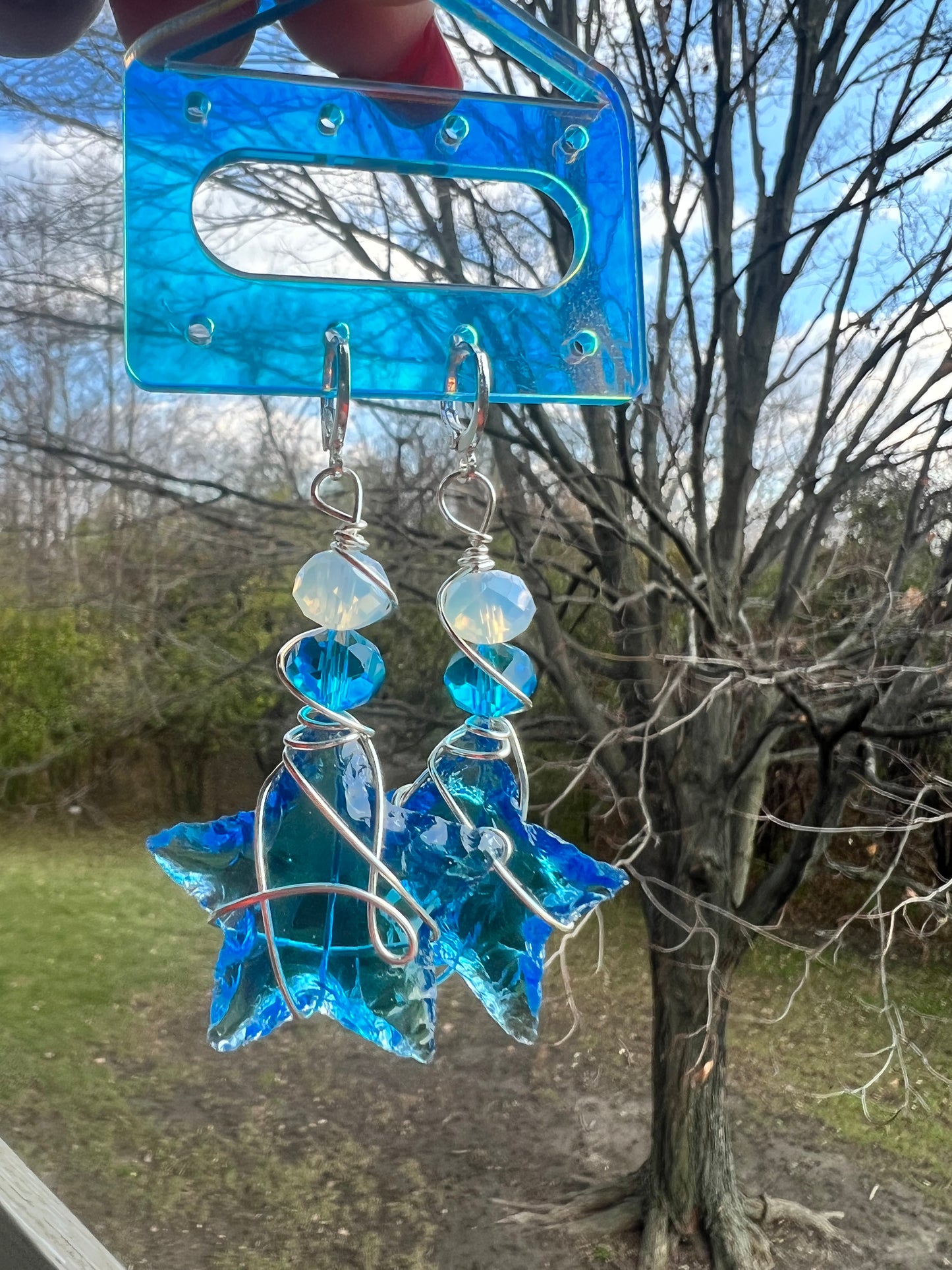 Blue Sea Glass and Opalite Stargazer Dangles