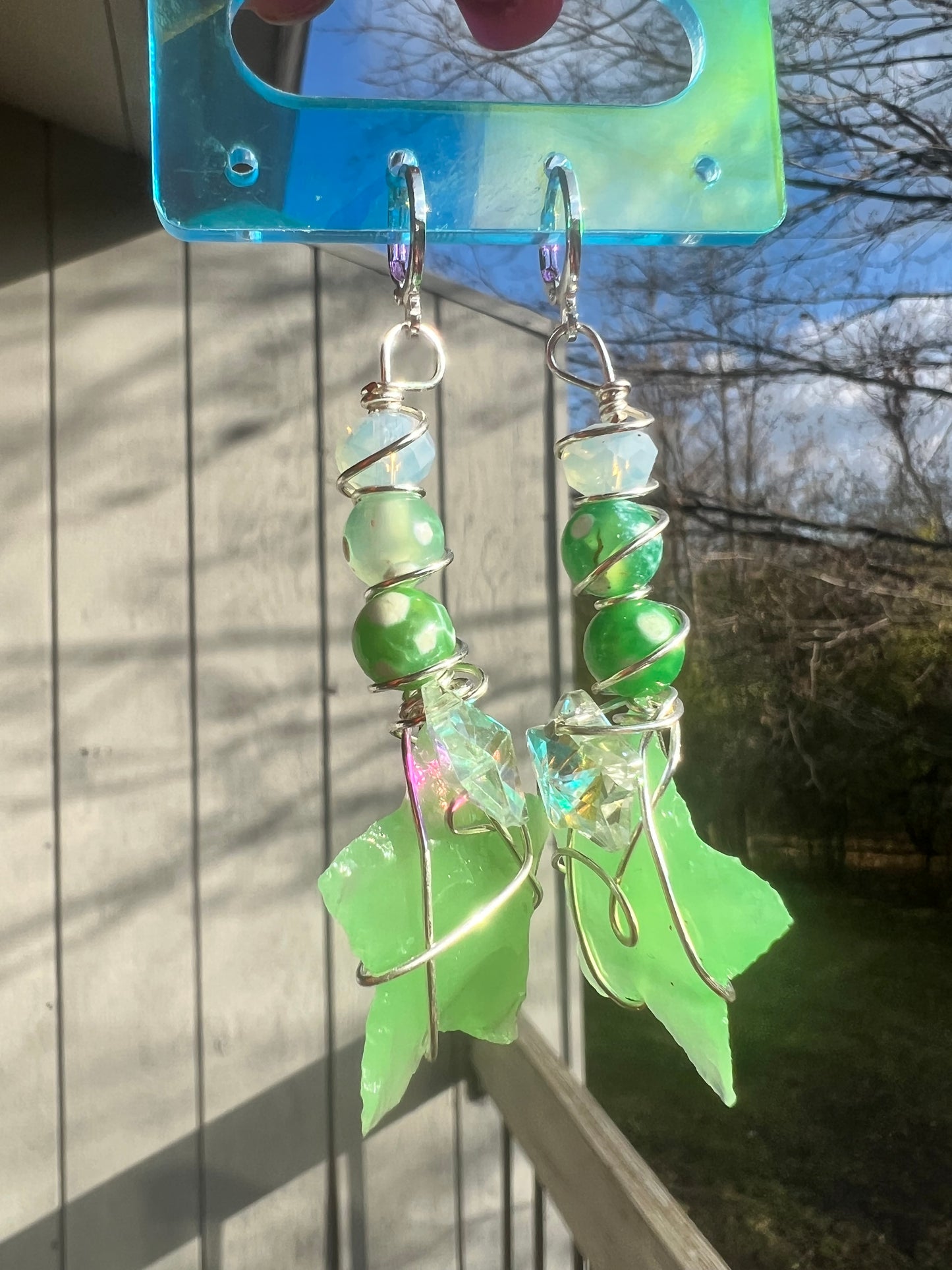 Green Sea Glass and Opalite Stargazer Dangles