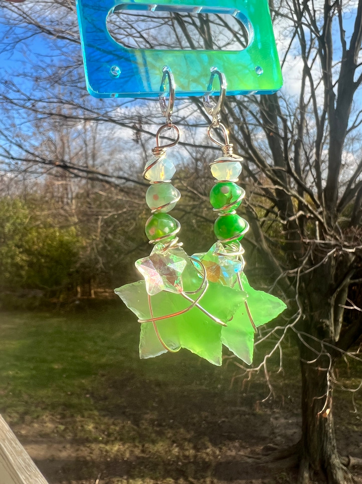 Green Sea Glass and Opalite Stargazer Dangles