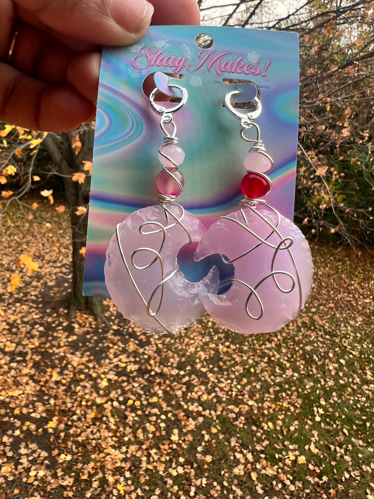 Pink Agate Rose Quartz Moon Dangles