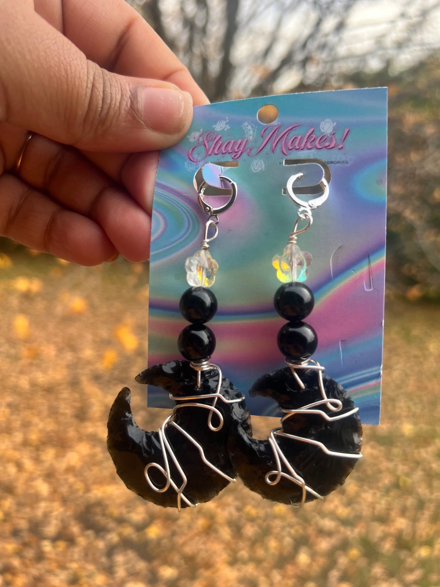 Black Obsidian and Onyx Moon Dangles