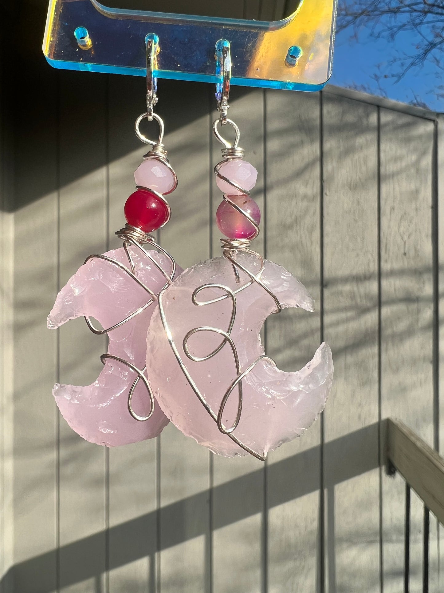 Pink Agate Rose Quartz Moon Dangles