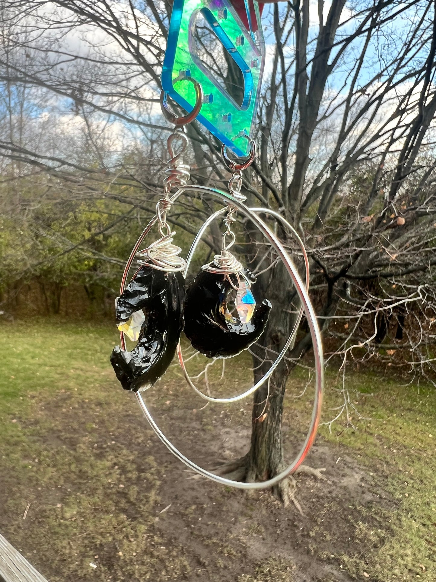 Black Obsidian Moon Goddess Hoops