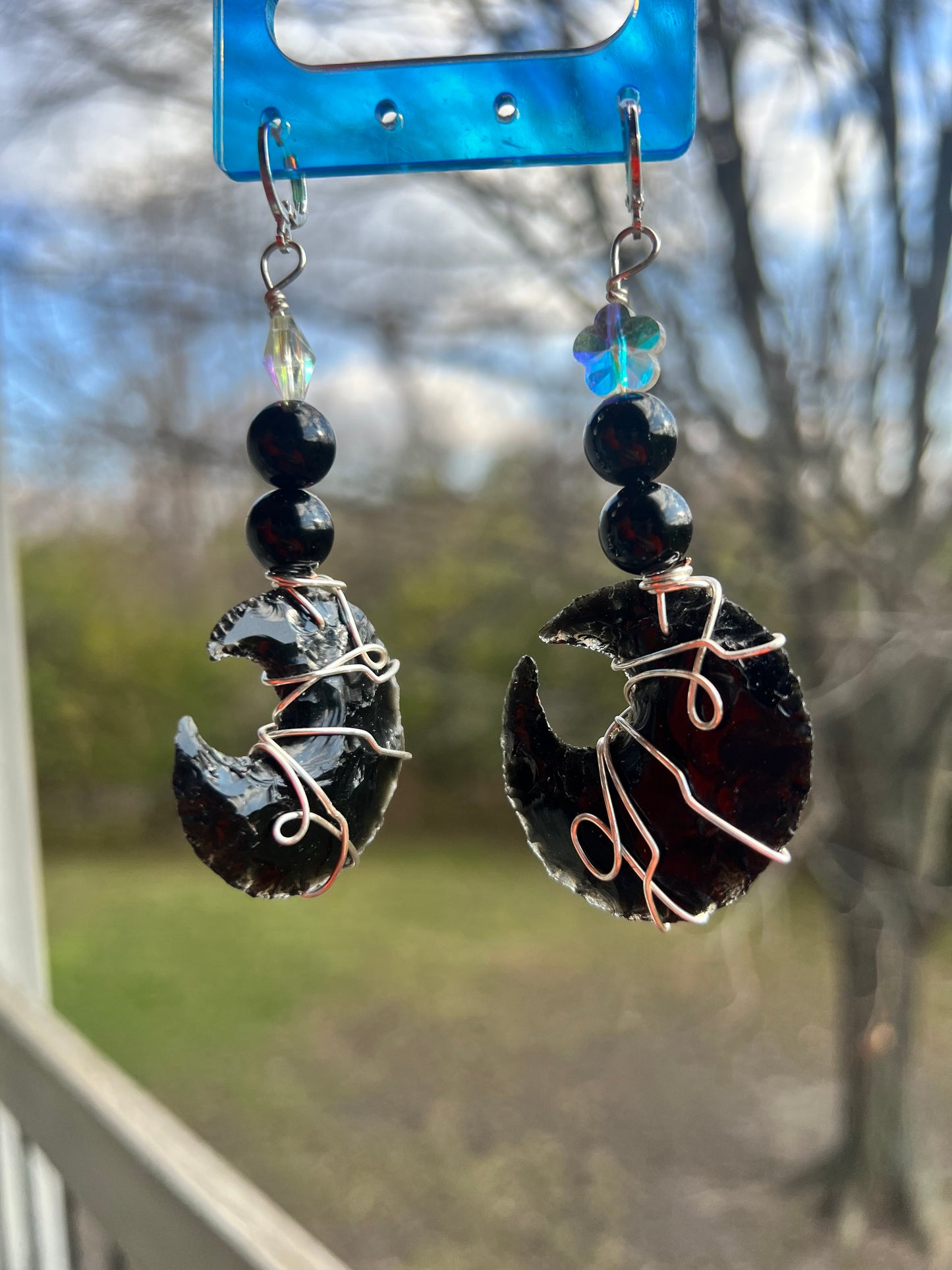 Black Obsidian and Onyx Moon Dangles