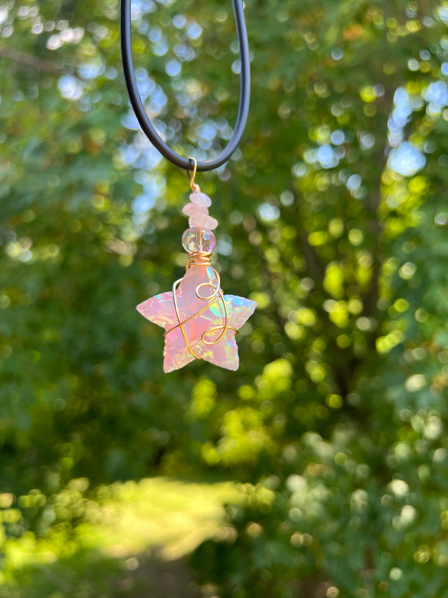 Angel Aura and Rose Quartz Stargazer necklace