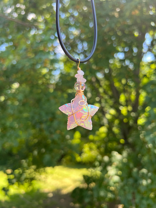 Angel Aura and Rose Quartz Stargazer necklace