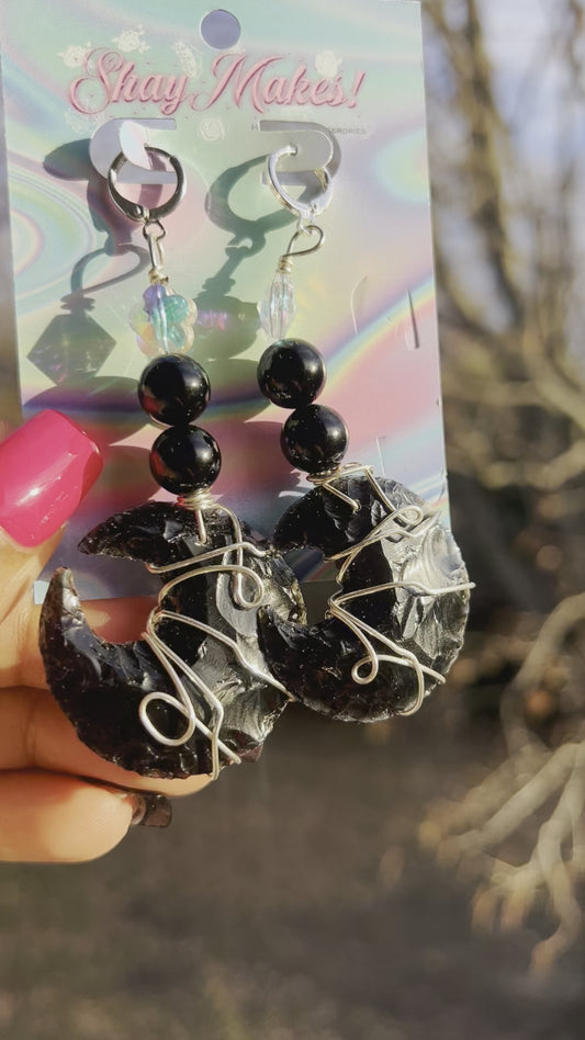 Black Obsidian and Onyx Moon Dangles