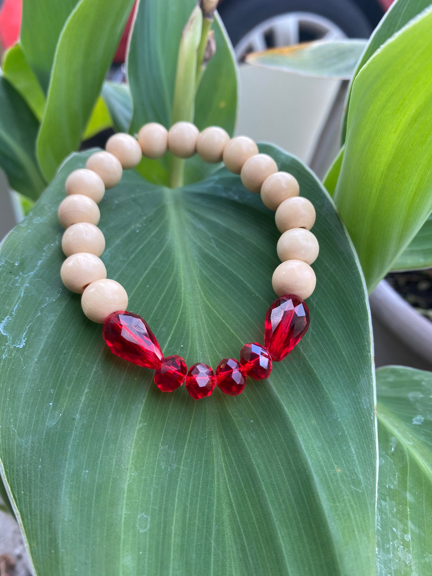 Ruby Crystal and Wood Bracelet