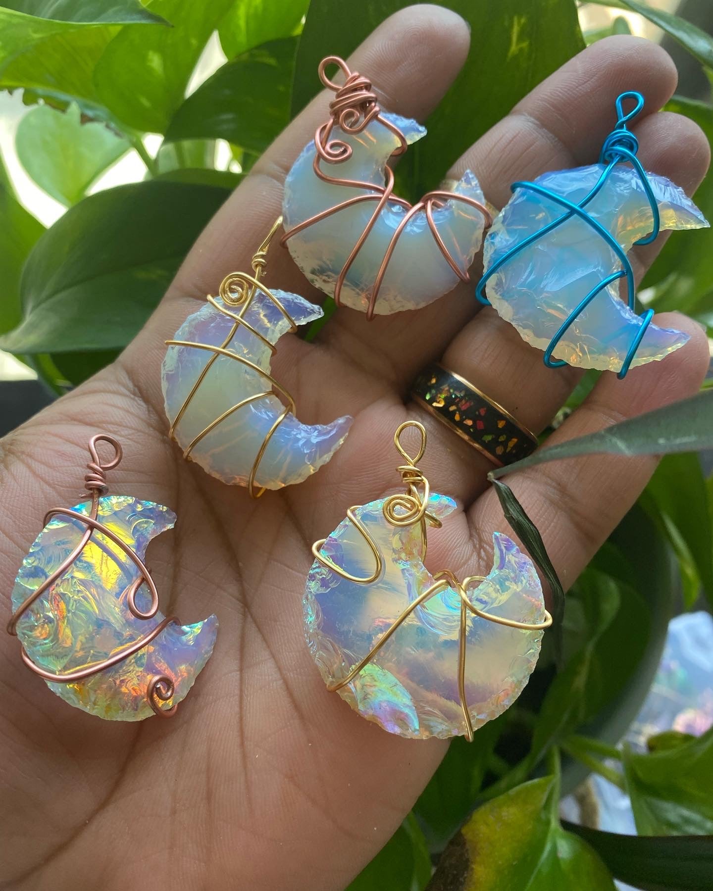 Hand- Wrapped Opalite Crystal Moons